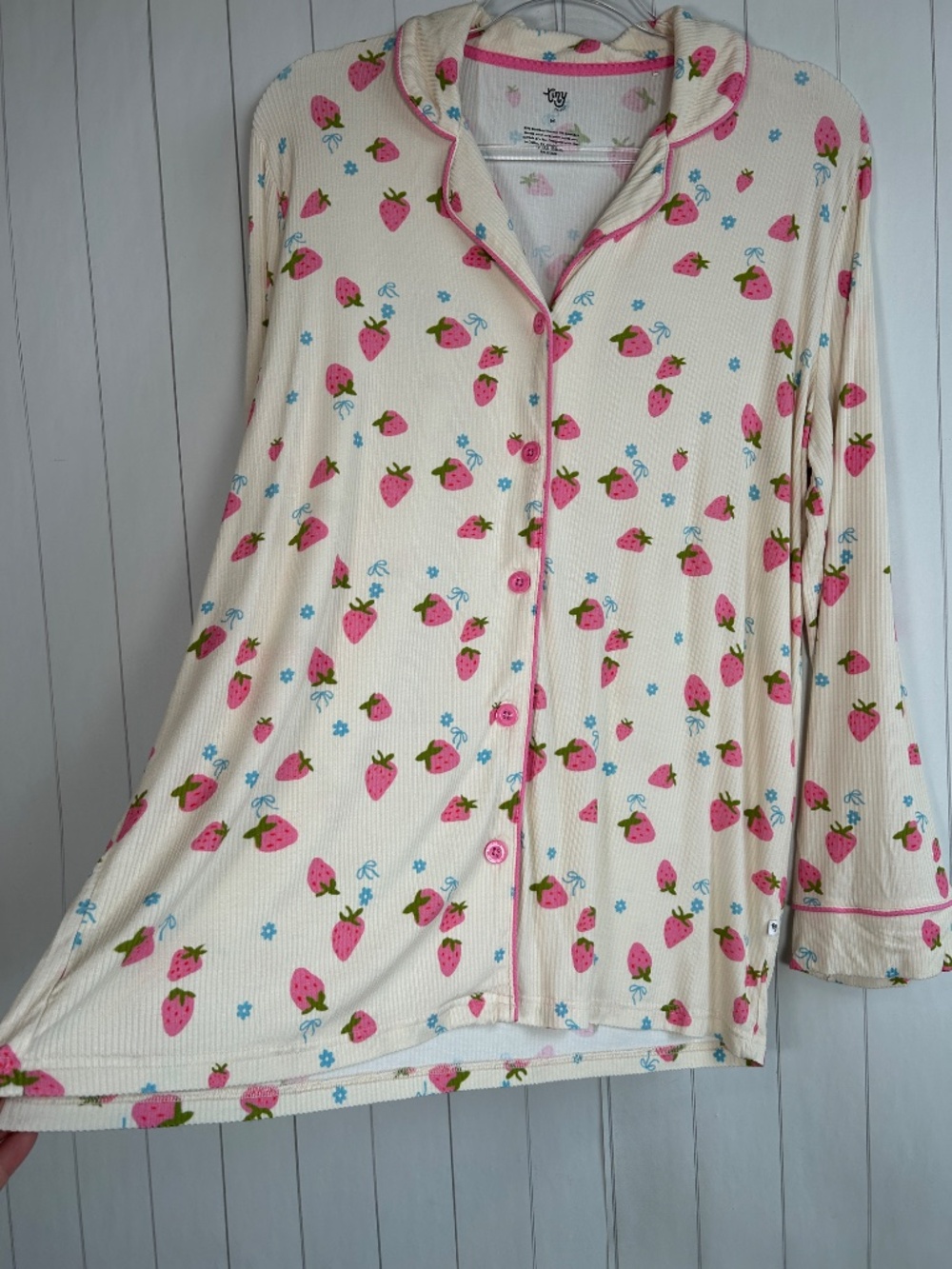 Tiny Talulah size M pajama set strawberry bow print beige bamboo long sleeve - Picture 5 of 11